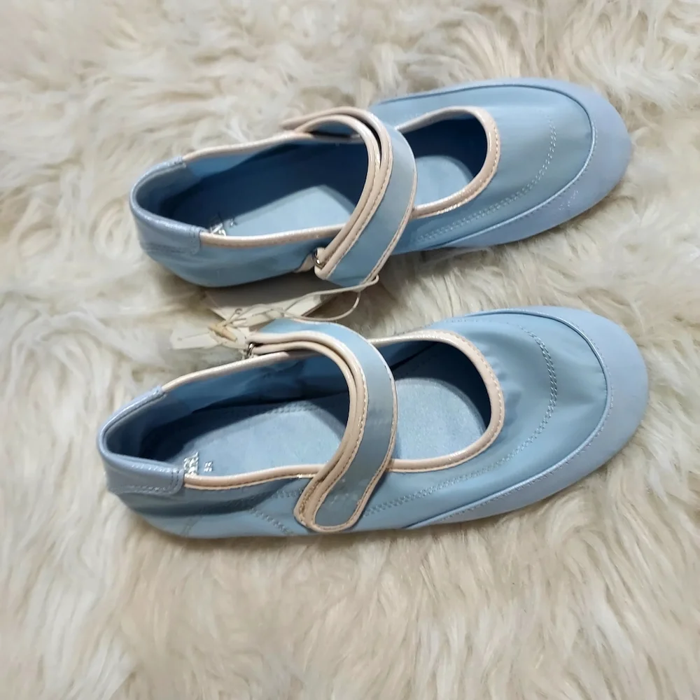 Zara Light Blue Girls' Mary Jane Sporty Ballet Flats with Cream Trim Sz-2.5
